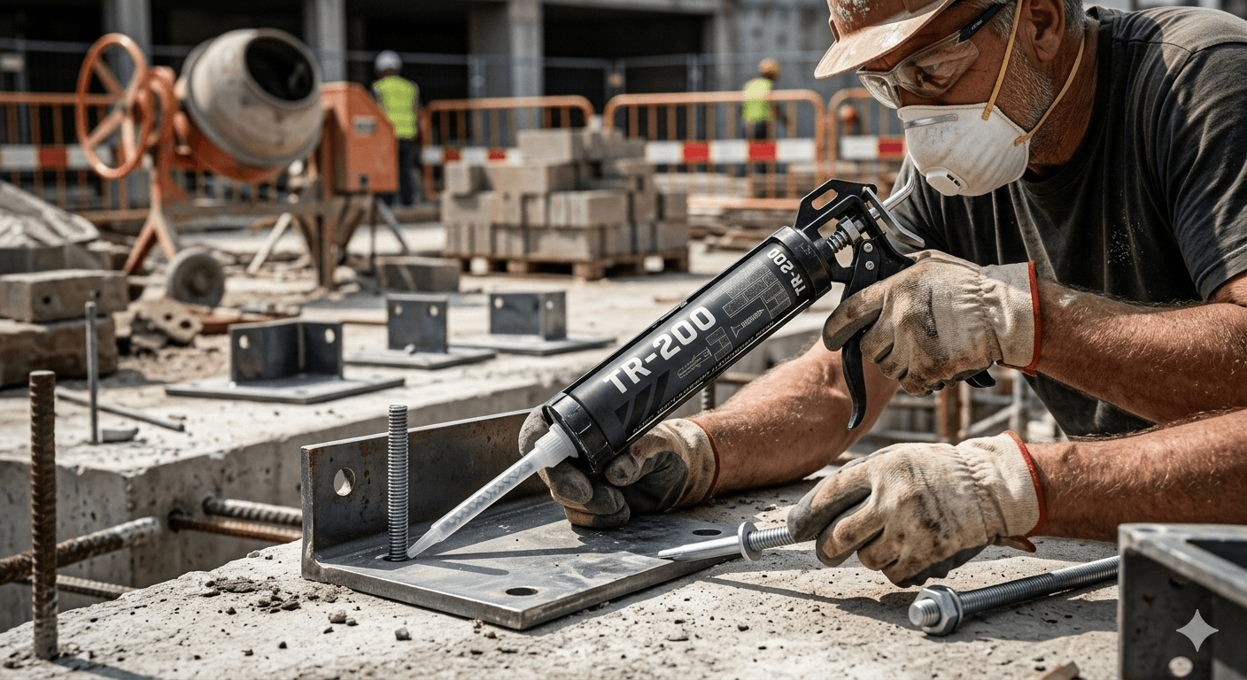 Engineer installing Torke TR-200 anchor into concrete base plate on construction site