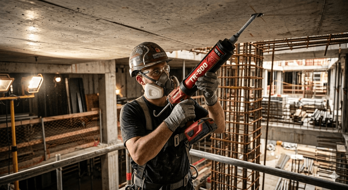 Engineer installing Torke TR-500 chemical anchor into concrete structure
